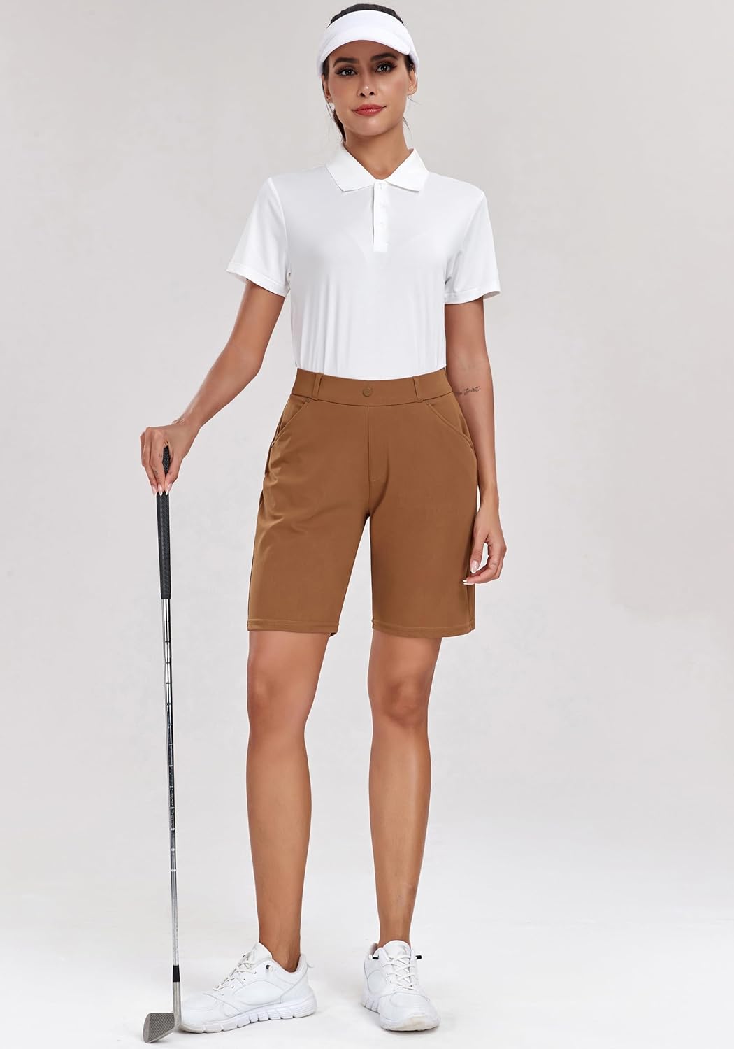 Oalka Women's Bermuda Shorts Work Casual 8" Stretchy Golf Walking Shorts Knee Length - Image 3