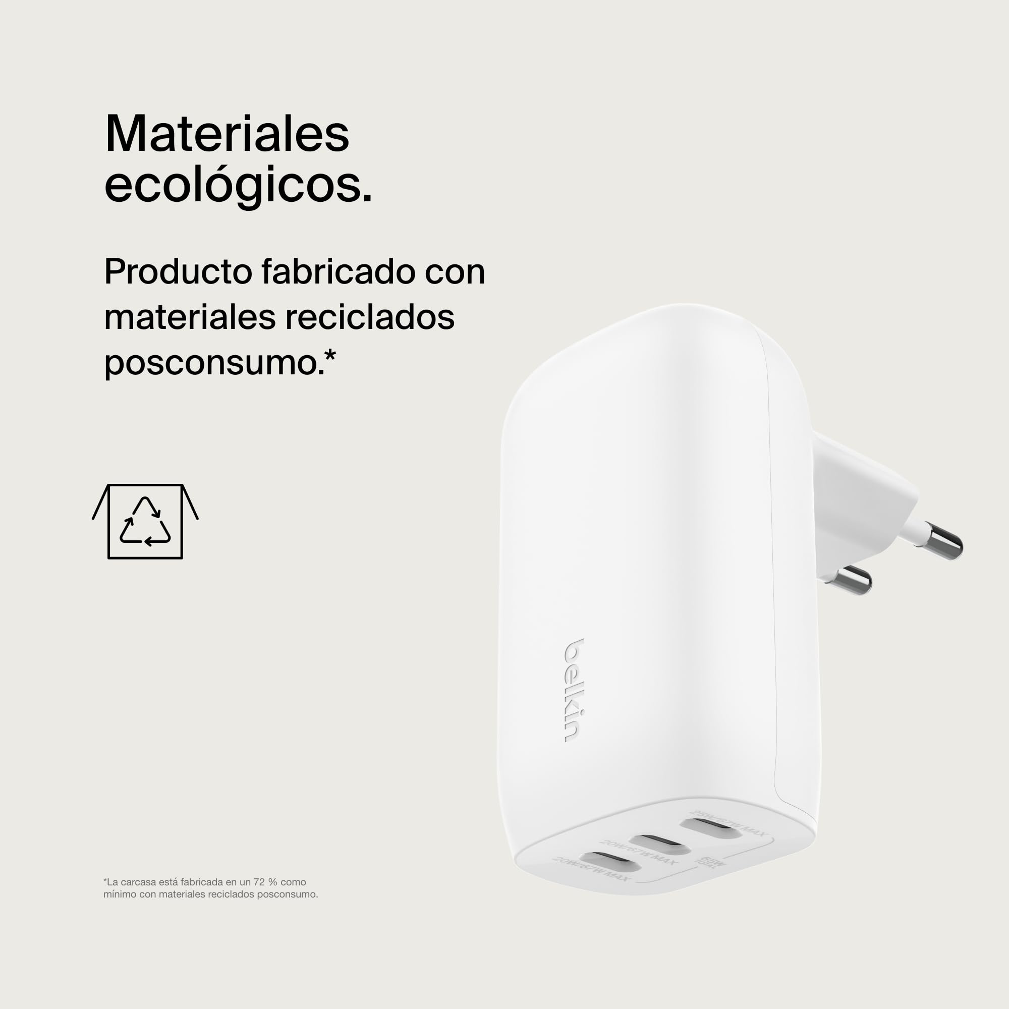 Belkin Cargador de Pared con 3 Puertos USB-C y PPS a 67 W BoostcCharge Pro, Carga rápida USB-C PD 3.1 para la Serie iPhone 16, 15, MacBook Pro, AirPods, Galaxy y Otros con Power Delivery, Blanco
