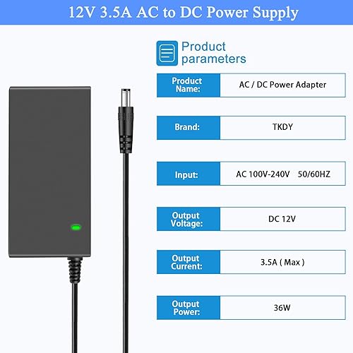Miniatura 2 de TKDY Fuente de alimentación de 12V 3.5A DC Entrada CA 100-240V Salida 12V 3.5A, compatible con 12Vdc 3A 2.5A 2A 1.5A 1A Tira de luz LED CCTV Cámara