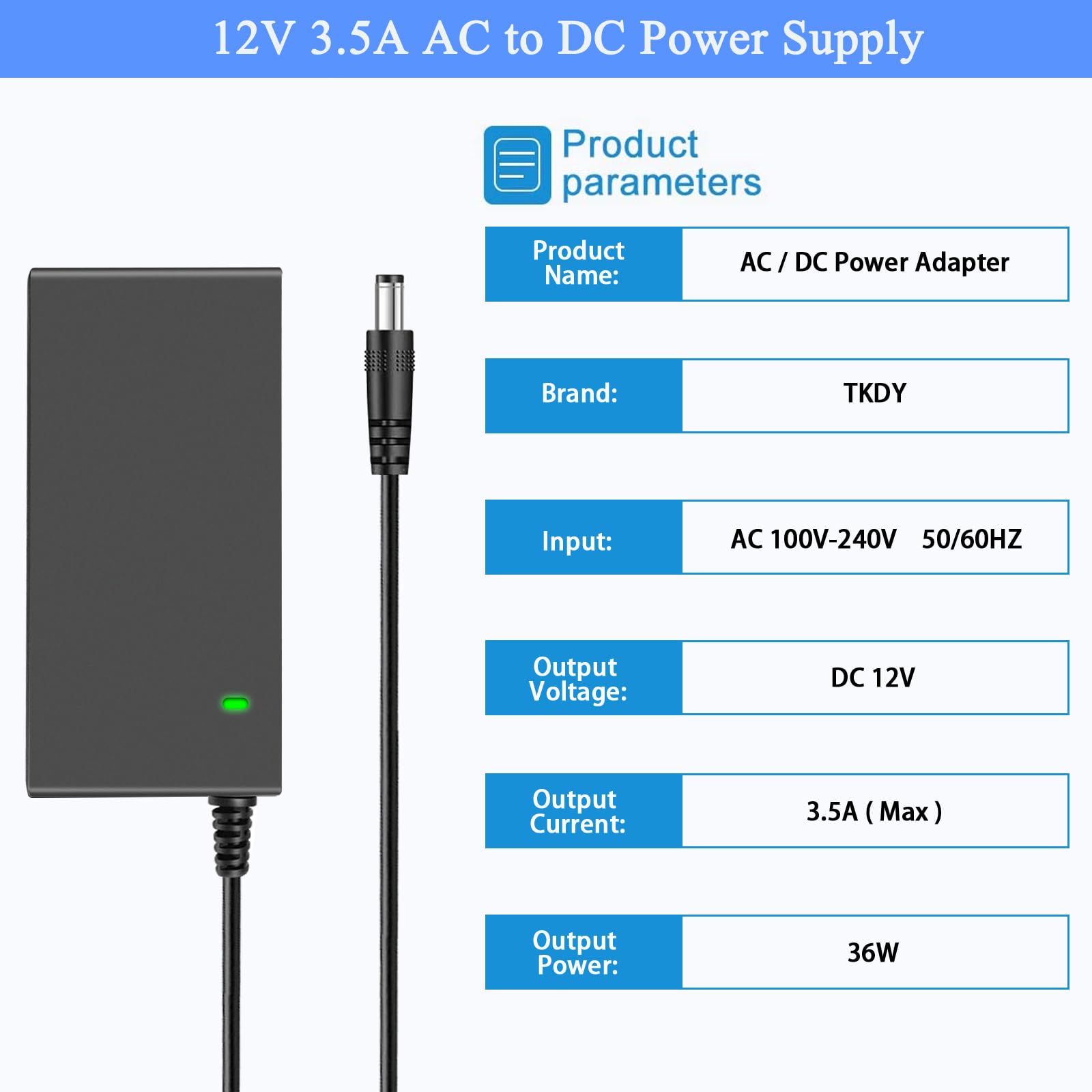 TKDY 12V 3.5A Monitor Power Supply Adapter for 12V LCD Monitor LED Light Strip CCTV Camera Security System Router Speaker etc, AC 100-240V to DC 12 Volt 3.5A 3A 2A 1.5A 1A Converter with 5 Tips.
