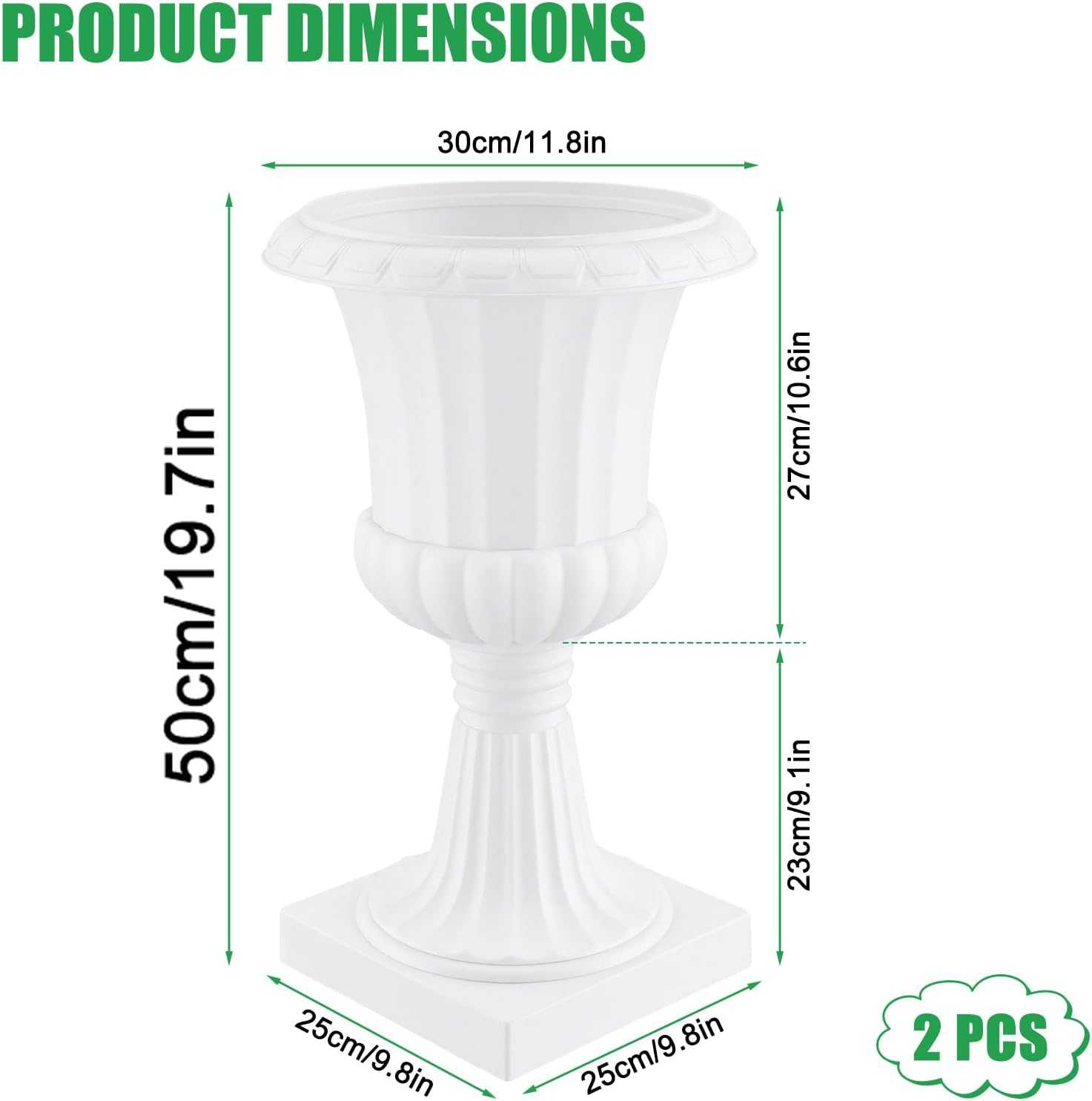 19.7-Inch Urn Planter, Large Classic Plastic Planter Set of 2, Outdoor Indoor Garden Patio Decor, White
