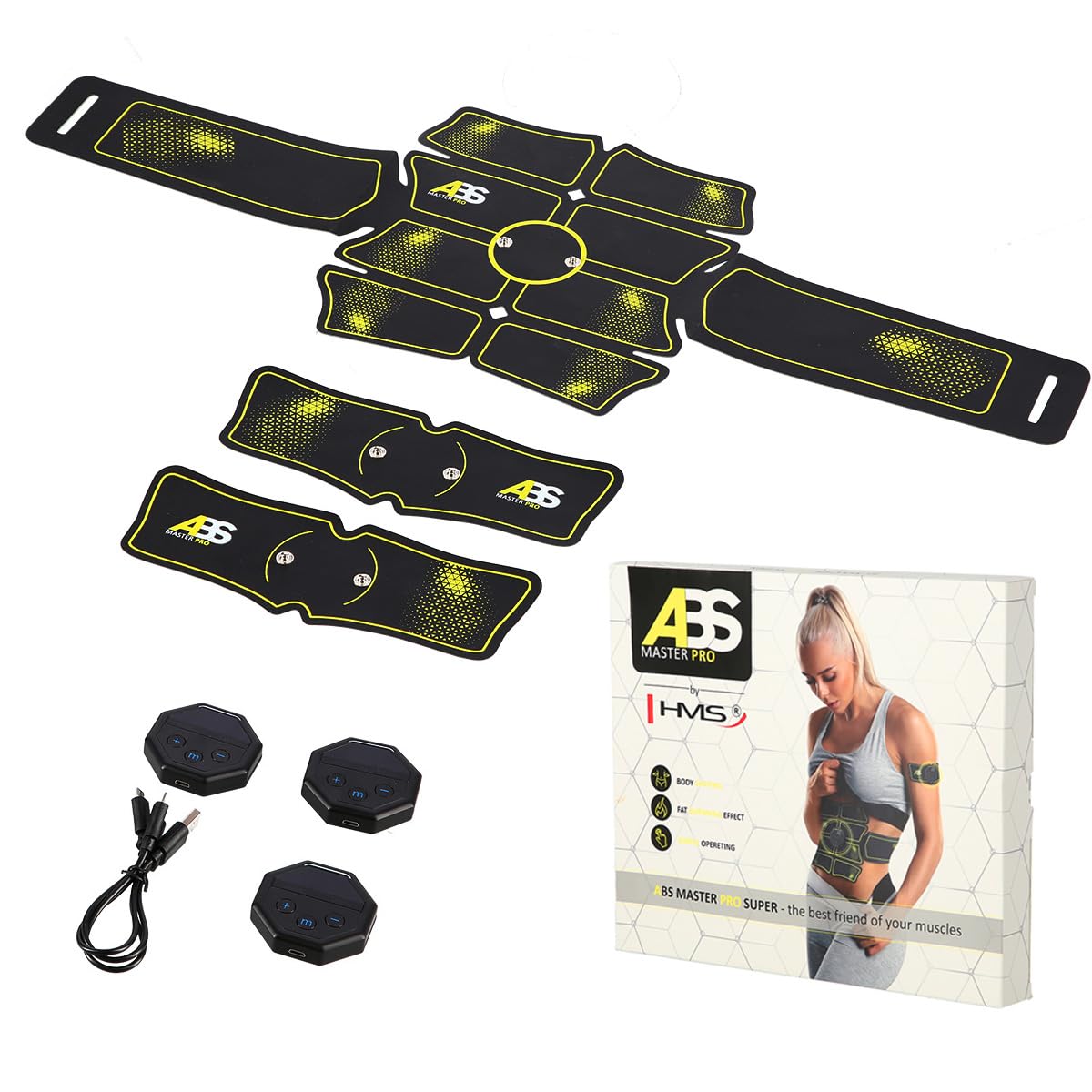 ABS Master Pro Super EMS Bauchmuskeltrainer Set | Elektrischer Muskelstimulator mit 3 Gürteln | 10 Programme & 20 Intensitätsstufen | Muskelaufbau, Regeneration & Massage | Für Damen & Herren