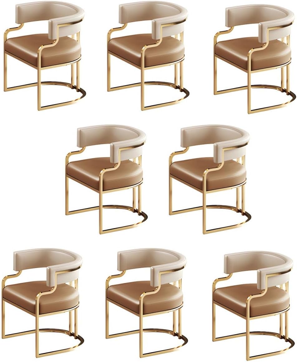 Stylish Upholstered Dining Chairs for Kitchen & Dining Room LowBack Arm Chair with Faux Leather & Brass Legs Perfect for Milk Tea Shop (Light Brown Set of 8)