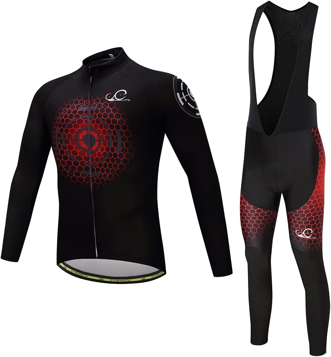 Cycearth Cycling Jersey Long Sleeve Set Men Winter Fleece Thermal Jackets Black Bib Pant