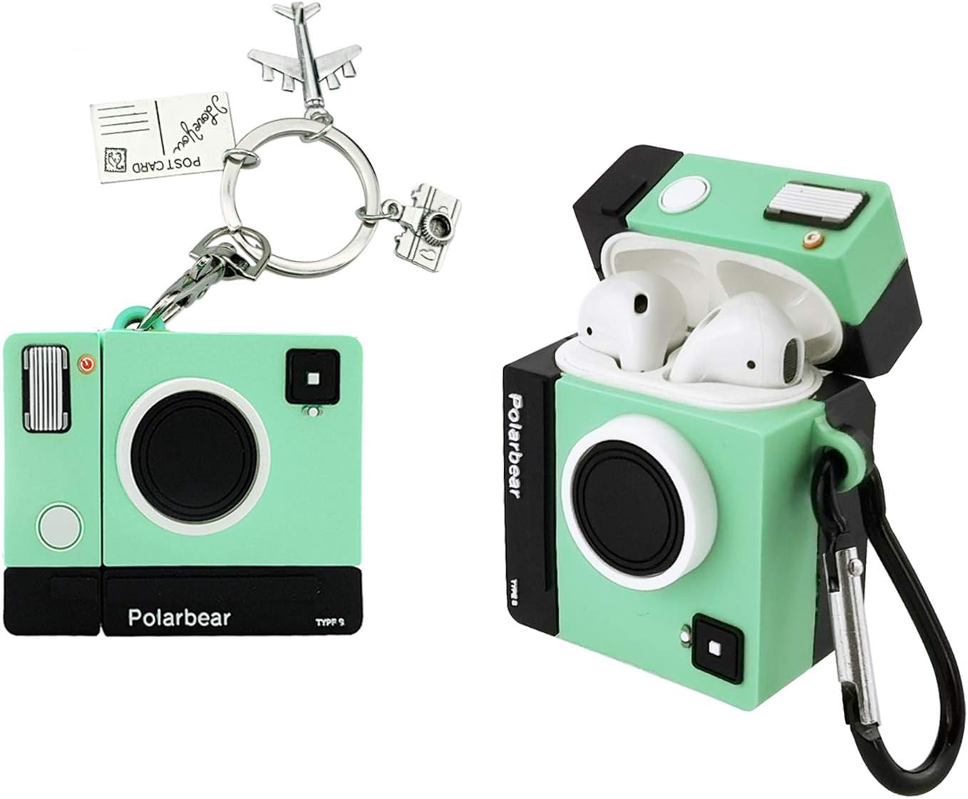 MOLOVA Case for Airpods 1&2 Case,Silicone 3D Cute Funny Cool Cartoon Skin Character Kawaii Fashion Stylish Cover Shock Proof for Kids Girls Teens Boys (Green Camera with Post Card Keychain)