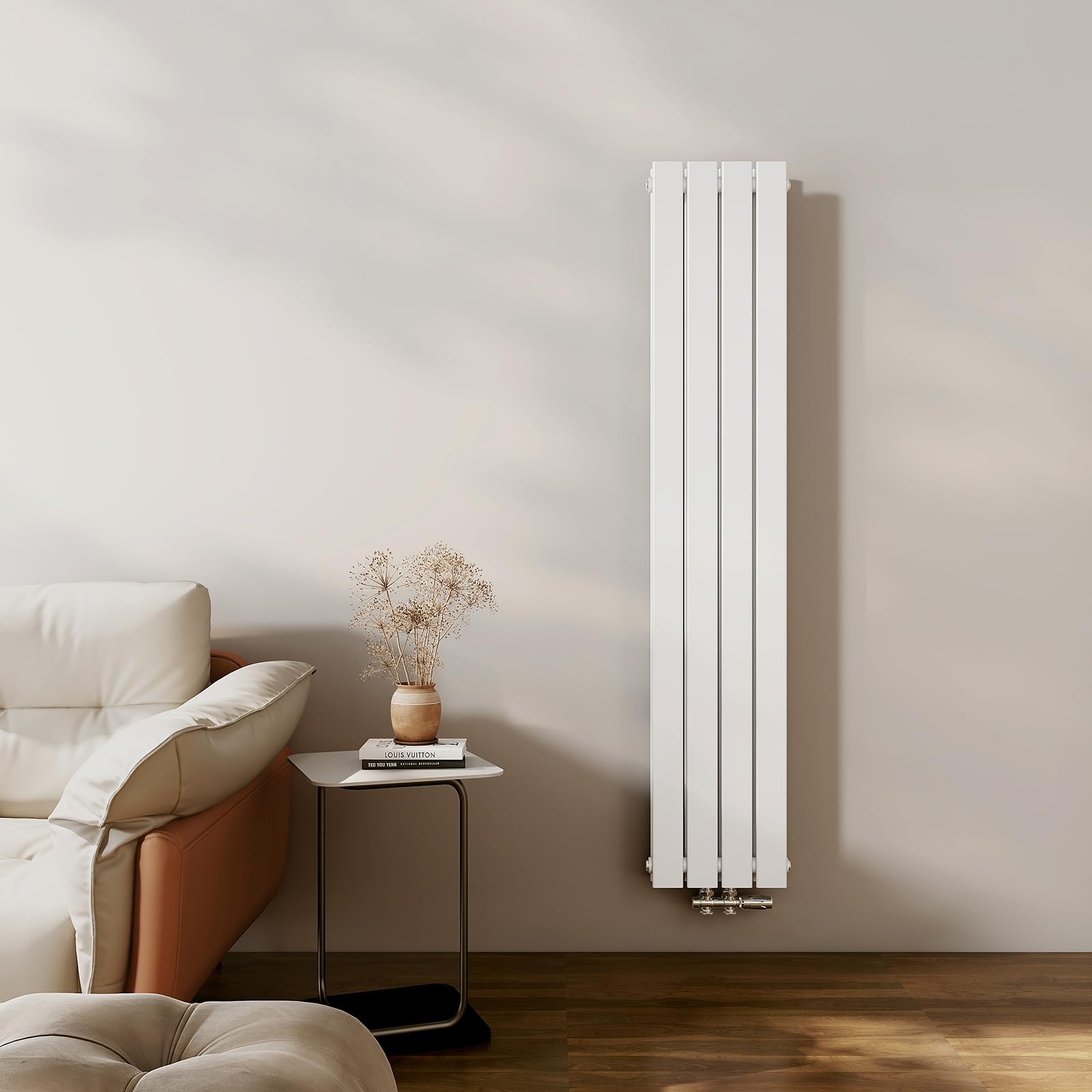 EMKE Calefactor pequeño, 1600 x 300 mm, radiador vertical para baño, estrecho, alto, plano, conexión central, radiador de panel de diseño, radiador de pared de doble capa, color blanco, 889 W