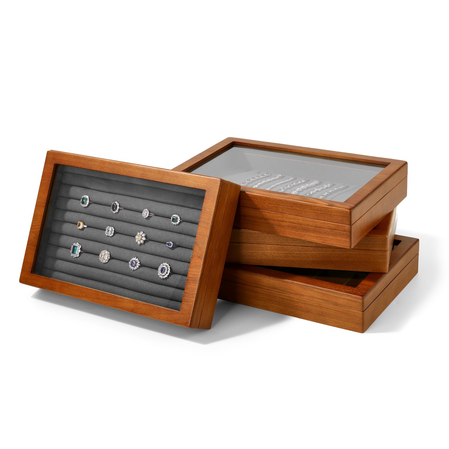 Oirlv Caja de almacenamiento con tapa de cristal de madera maciza con 9 ranuras para anillos y pendientes