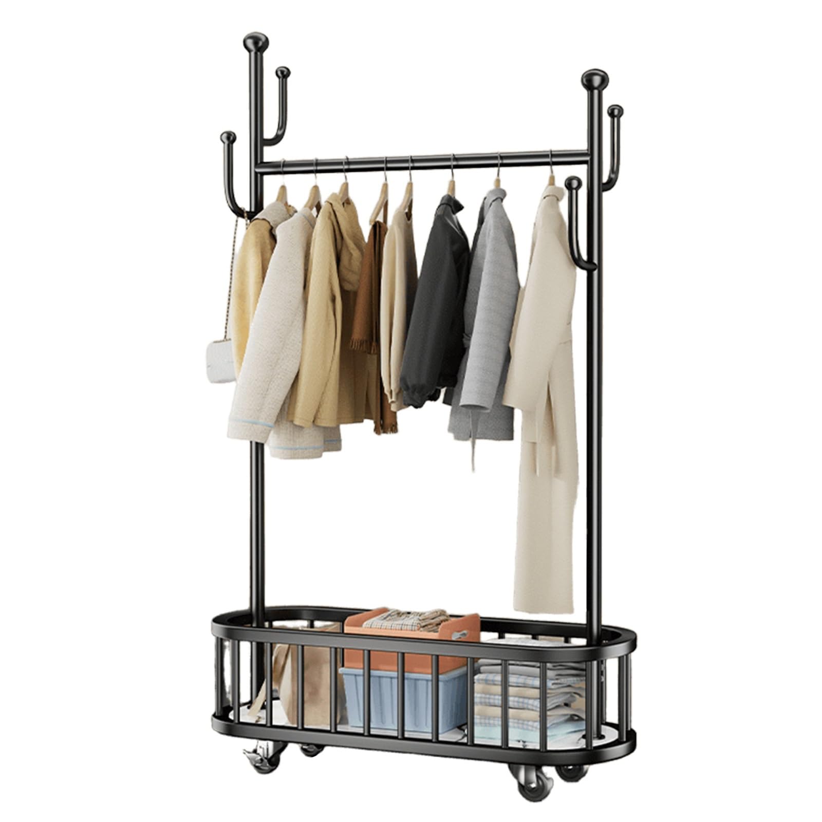 YNBSHGAA Metal Rolling Clothes Rack with Wire Basket 80cm/31in Portable Garment Stand for Bedroom and Entryway Stylish Black Clothing,Black-60 cm/24 in
