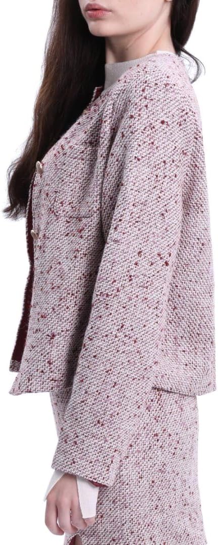 Amazhiyu Womens Wool Button-up Cropped Tweed Jacket Blazer Slim Fit with Pockets Red, Medium