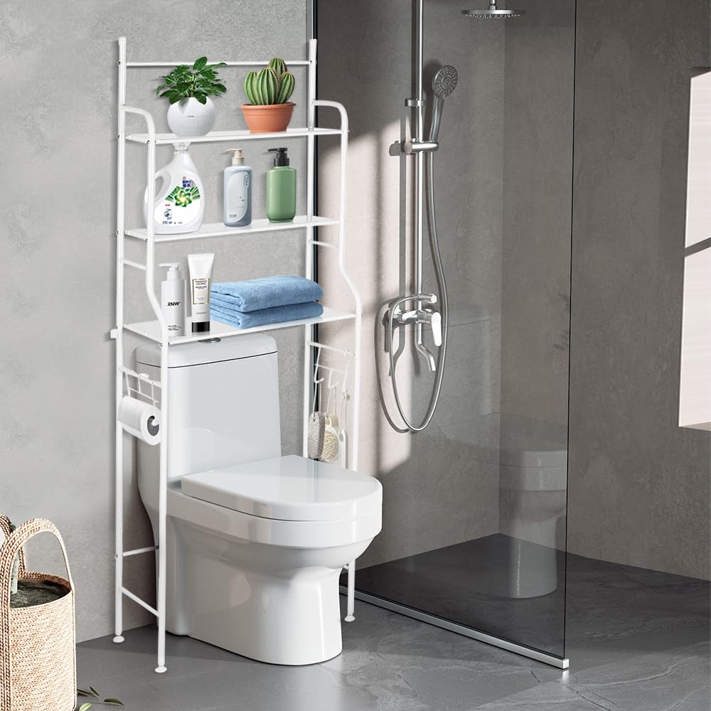 Supfine Scaffale WC a 3 ripiani, con gancio, per lavatrice sopra il WC o la lavatrice, ripiani regolabili, salvaspazio (bianco, 55 x 26 x 165 cm)