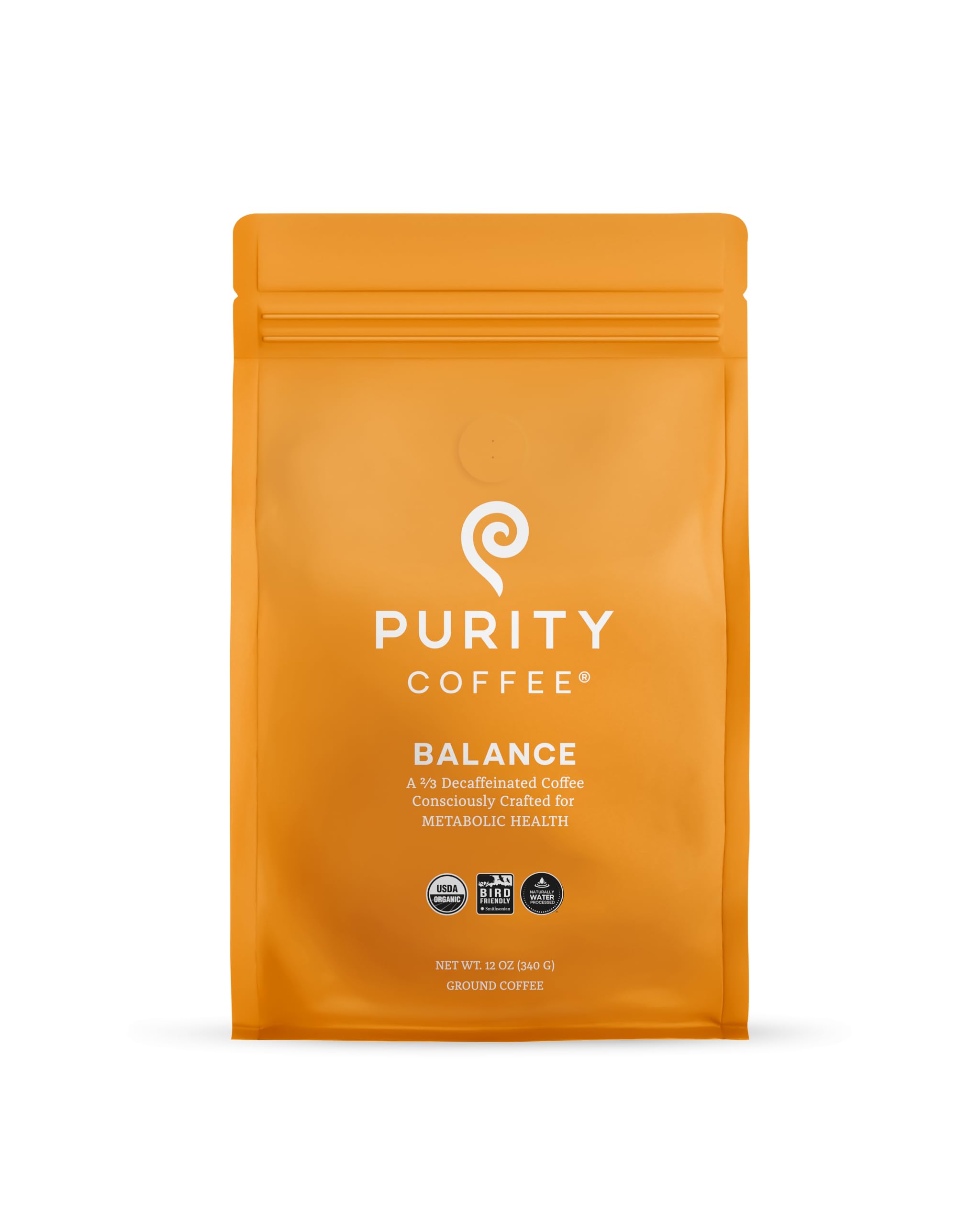 Purity Coffee BALANCE 2/3 Decaf Medium Roast Ground Coffee (12oz Bag) - Specialty-Grade Mountain Water Processed Decaf + Regular Arabica Blend- USDA Certified Organic Decaffeinated - Third Party Tested for Mold, Mycotoxins, Pesticide ResidueUSDA Organic