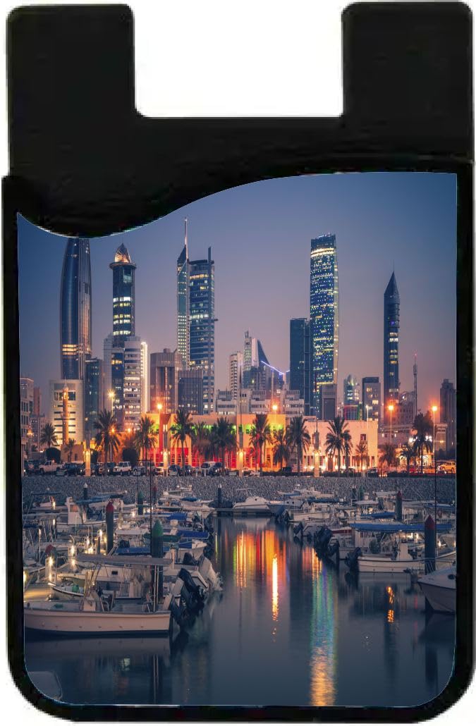 Island Gifting Neoprene Stick-on ID Card Holder for iPhone/Galaxy/Google Android Cases Featuring Image of Skyline of Kuwait City at Evening