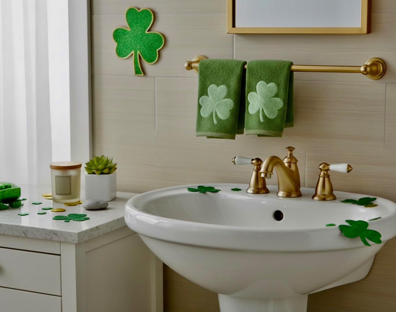 Serafina Home St. Patrick's Day Irish Kitchen Bathroom Hand Fingertip Towels: Soft Absorbent Embroidered Green Shamrocks Clovers Design for Bath, 100% Cotton, Set of Two, 12" x 18"