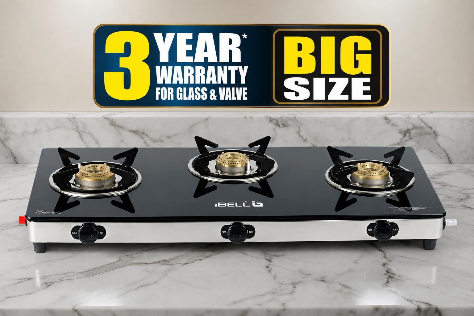 iBELL AGS9413SLM 3 Burner Gas Stove with Auto Ignition, Square Pan Supports, 7mm Toughened Glass Top, Large Size (77 x 38 x 7.5 cm, Black, Tempered Glass)-image-45