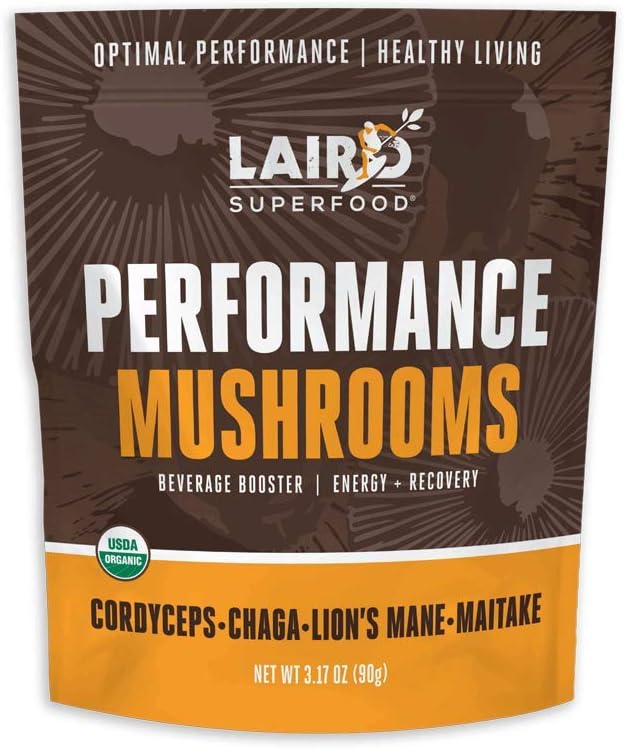 Laird Superfood Organic Performance Mushroom Blend with Chaga, Cordyceps, Lion's Mane and Maitake for Energy and Cognition, 3.17 oz. Bag, Pack of 1 : Health & Household