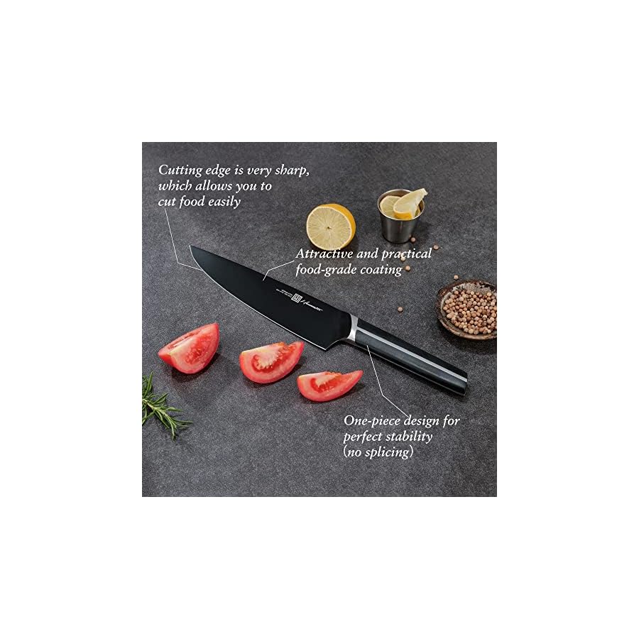 Hanmaster Kitchen Knife Set, 7 Pieces German Stainless Steel Knives Set for Kitchen with Acacia Wood Block, Kitchen Scissors, Box Packed, Elegant Black