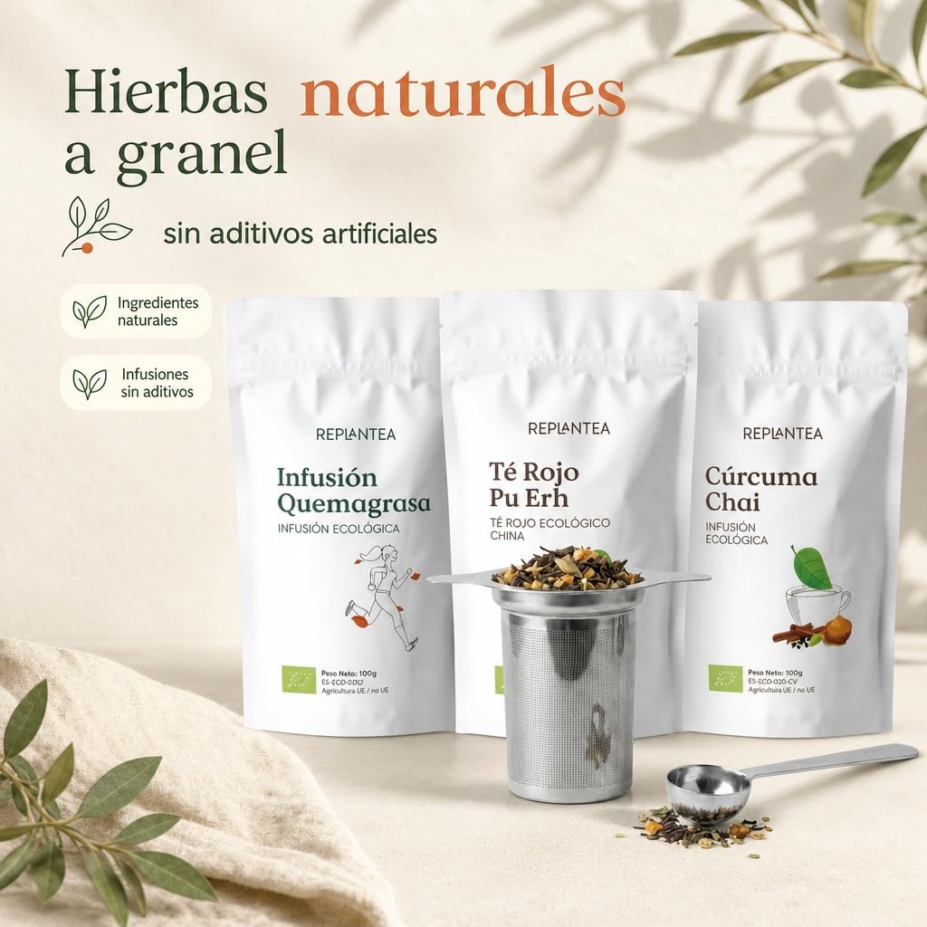 REPLANTEA Zestaw 3 naparów Slim luzem – Detox Depurtive and Drenant Herbata – 30 dni leczenia dla Twojego dobrego samopoczucia – filtr zaparzający i miarka ze stali nierdzewnej w zestawie