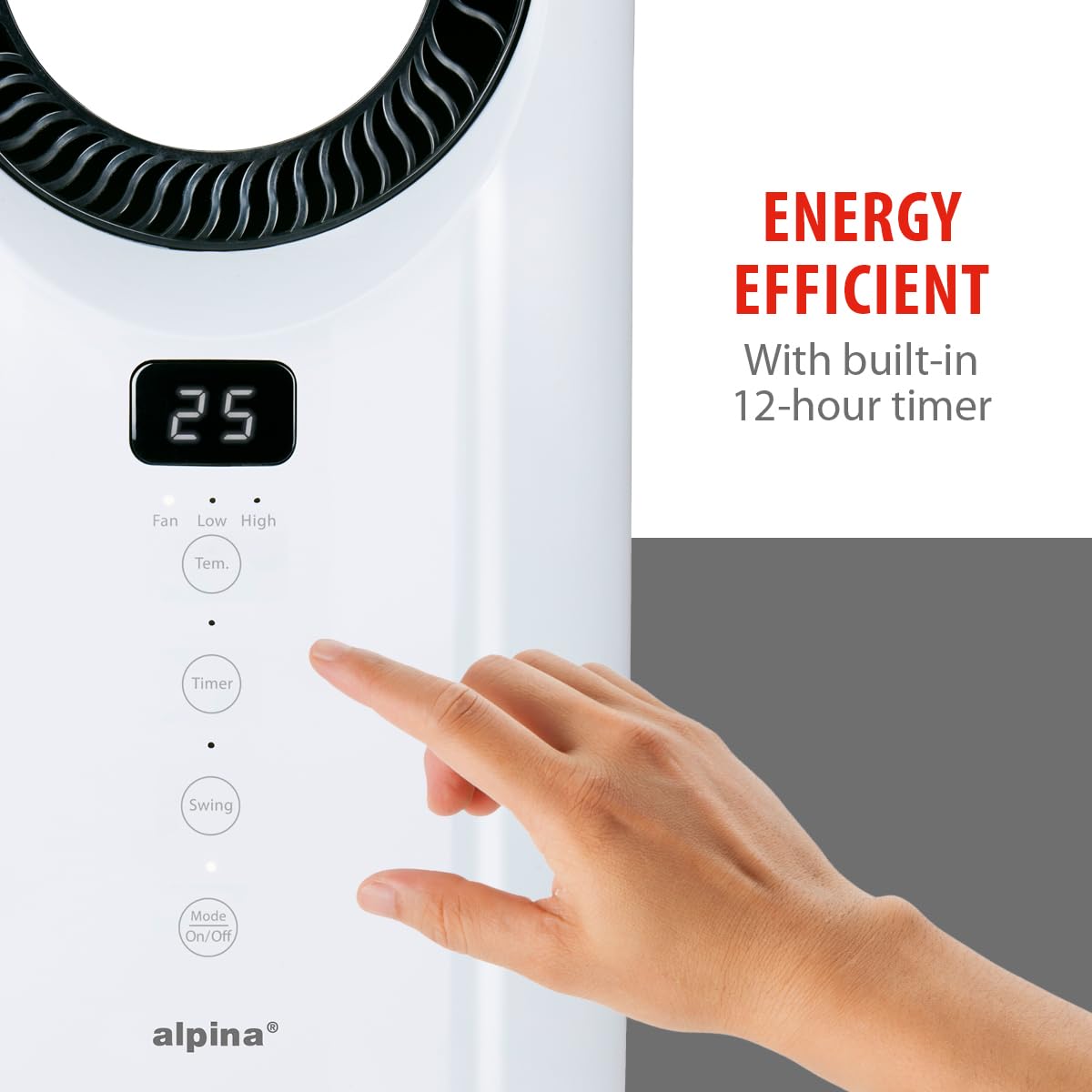 alpina Elektrischer Heizlüfter und Ventilator 1500W – Heizkörper mit Timer und Fernbedienung – Oszillierender Heizstrahler mit Kühl und Heizfunktion – 18 x 18 x 37 cm, Weiß