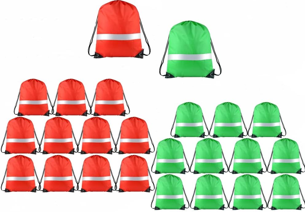 KUUQA 24 Pack Drawstring Backpack Bag with Reflective Strip, String Backpack Bulk Cinch Sack Tote Bags for Yoga Sport Gym Traveling (Red, Green)