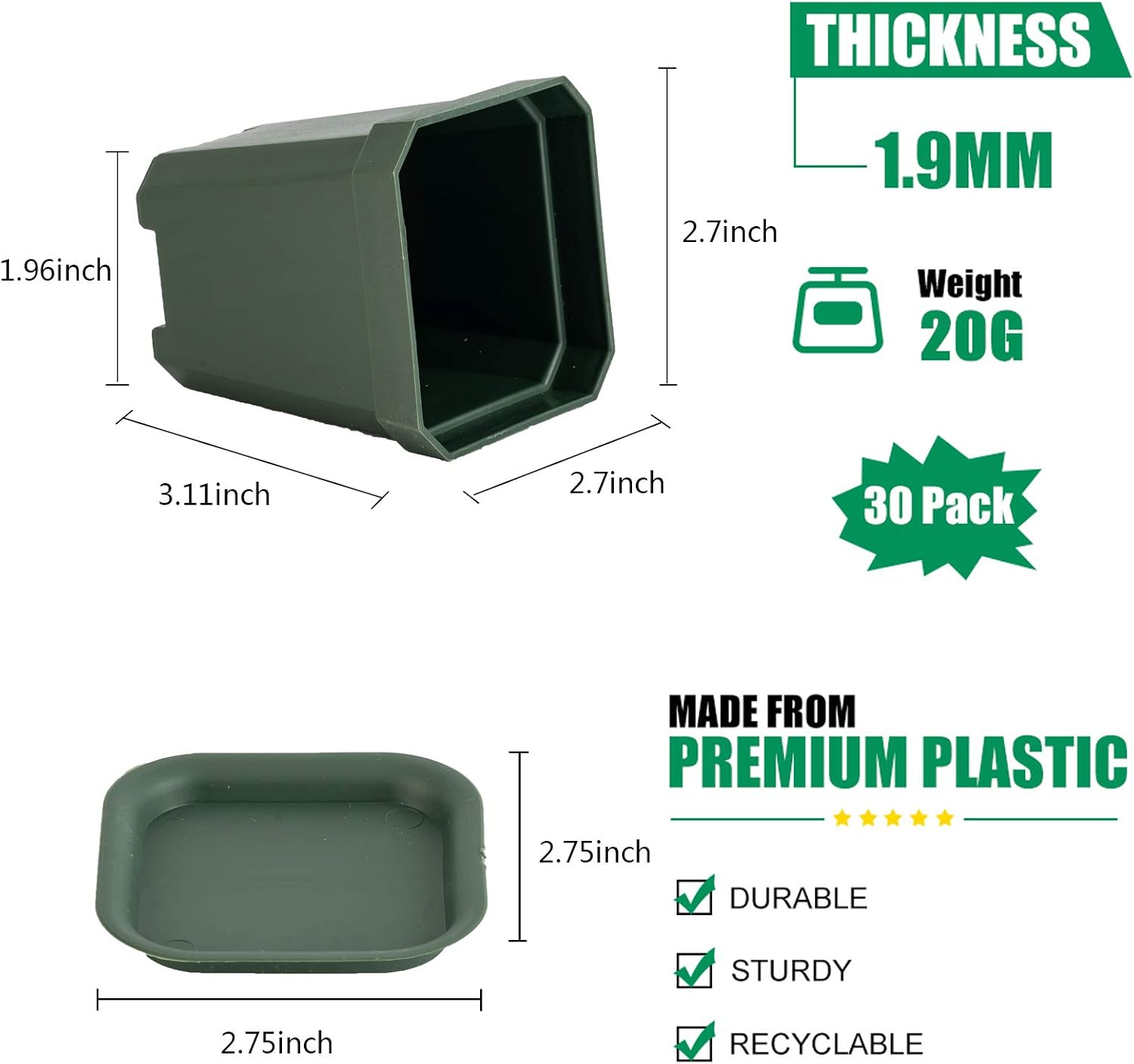foxany 3" Plants Nursery Pot, 30 Pcs Thick Plastic Square Planting Pots, Plant Seedling Pots, Seed Starting Pots with 30 Saucers - Black-Green