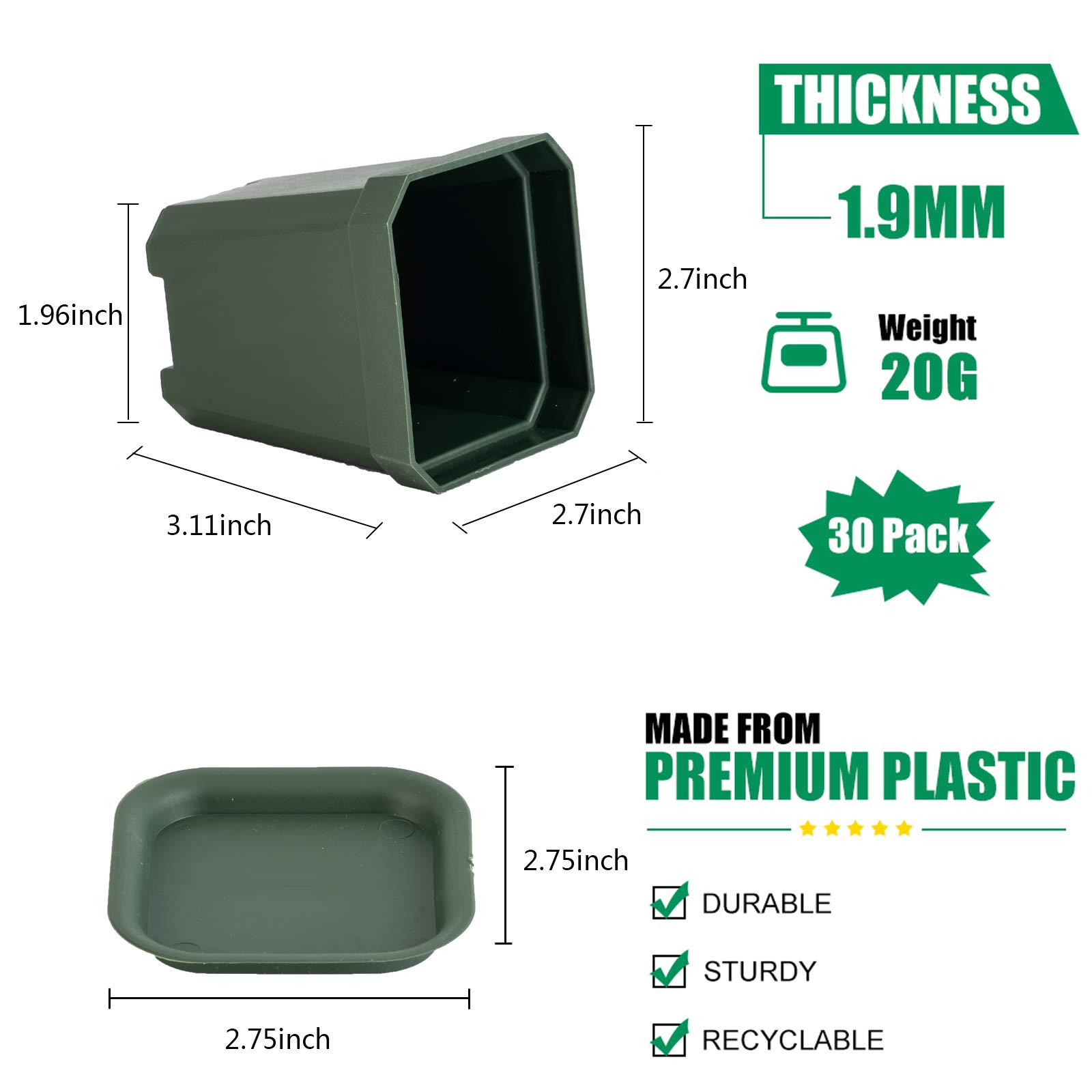 Doniczka na rośliny, 30 szt., grube, plastikowe, kwadratowe doniczki do sadzenia, doniczki z 30 spodkami, czarno-zielona