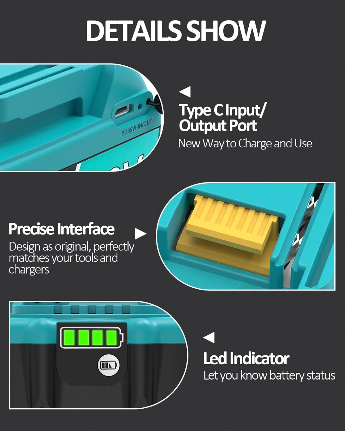 Clevabie【USB-C Fast Charging】 Replacement for Makita 18V Battery with USB-C Input/Output Port 65W Fast Charge, Compatible with Makita 18 Volt Battery BL1830 BL1840 BL1850 BL1860 BL1850B BL1840B - Image 5