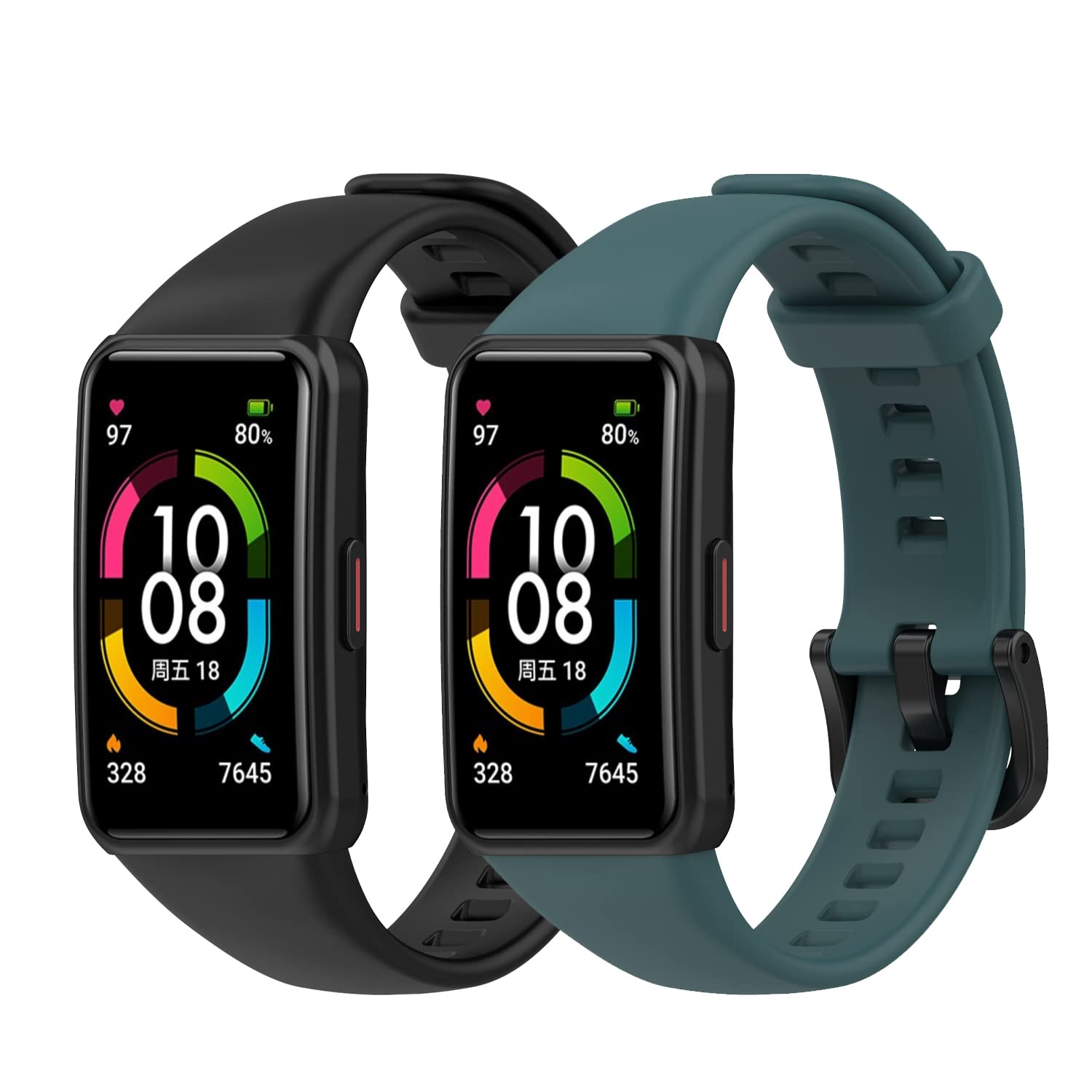[2 Pack] METEQI Silicone Waterproof Replacement Bands Compatible with Huawei Band 6/Honor Band 6 (Black+Dark Green)
