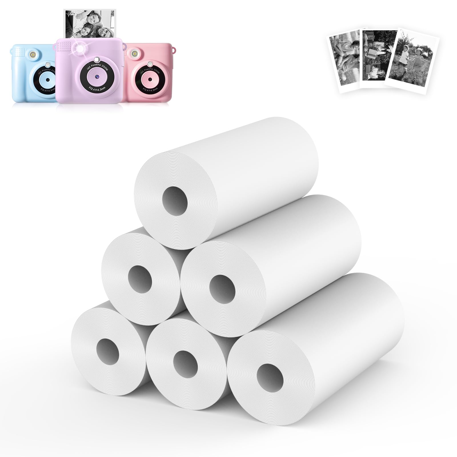 Riosin 6 Rolls Instant Camera Refill Print Paper for Kids Photo Printer HD Printing Thermal Print Paper Rolls Fit for Most Kids Instant Camera (White-6)