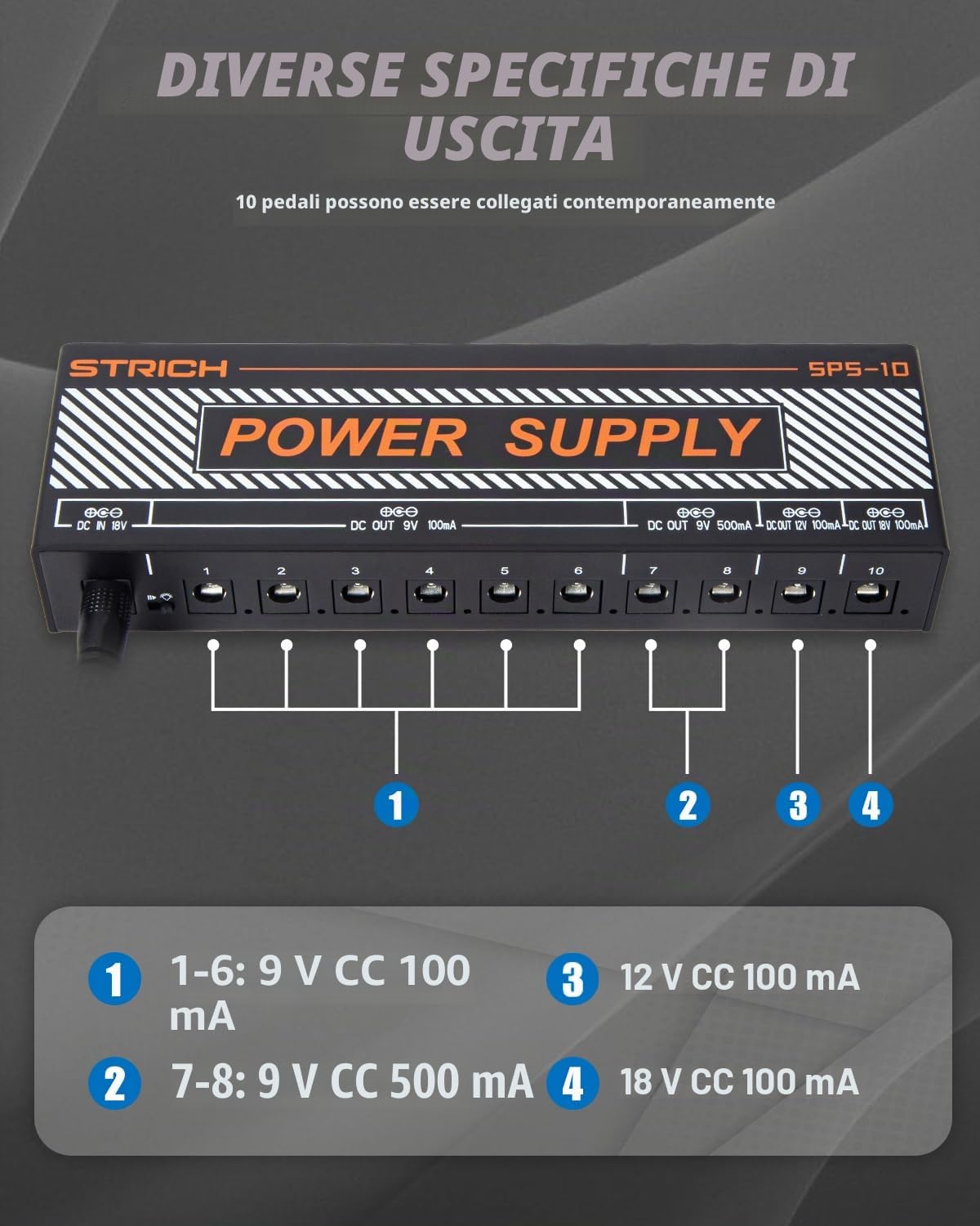 STRICH Alimentatore per pedale di chitarra, 10 uscite DC indipendenti per pedale effetto 9 V/12 V/18 V, alimentatore per pedaliera 100 mA 500 mA con protezione da cortocircuito, design del circuito a