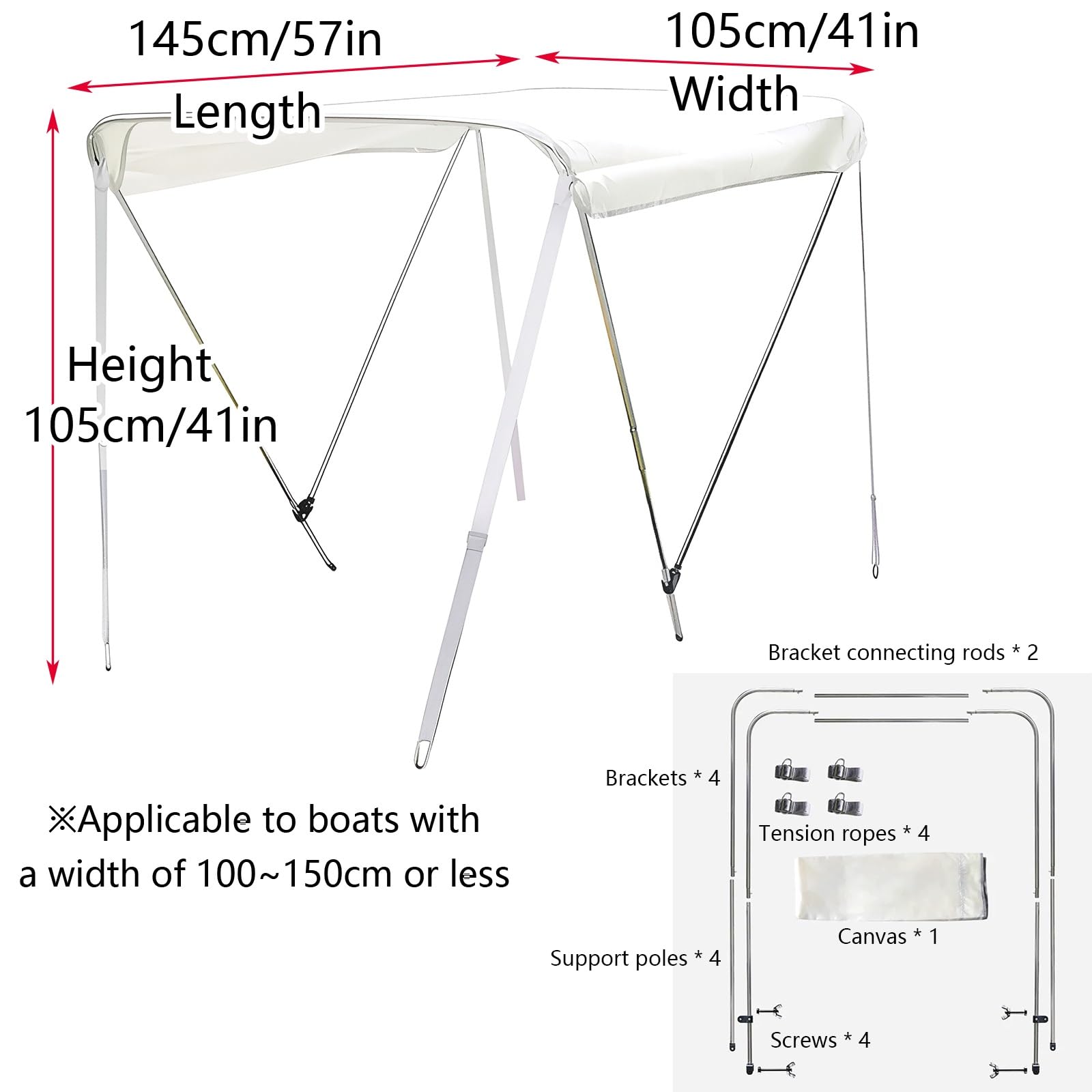 Tendalino per Gommoni 2 Archi, Tessuto Oxford 600D Idrorepellente, Telaio in Alluminio Pieghevole, Parasole per Tender e Barche da Pesca, Bianco