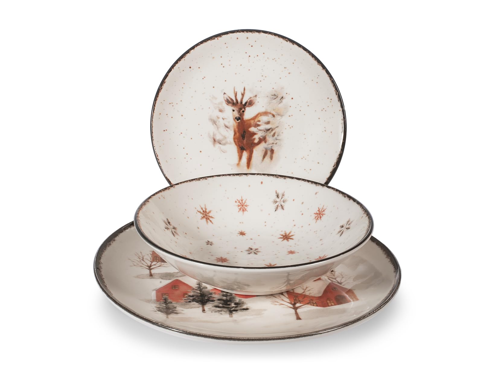 H&H Service de Table Noël 18 Pièces Fairytale Charm en Grès - Assiettes Plates, Creuses et à Dessert - Illustrations Élégantes Inspirées des Paysages Hivernaux et des Animaux de la Forêt