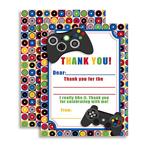 Game On Video Gamer Themed Thank You Notes for Kids, Ten 4  x 5.5  Fill in the Blank Cards with 10 White Envelopes by AmandaCreation