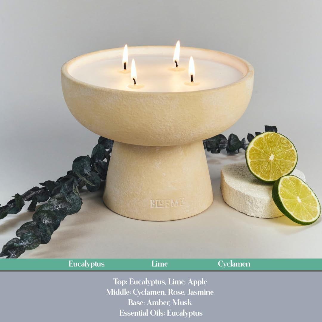 Blueme Focus Candle | Eucalyptus & Lime | 4 Wick - Refillable Wellness Candle with Essential Oils, Hand Finished & Poured Soy Wax Blend Ceramic Vessel, Natural Cotton Wicks | Large 24 oz