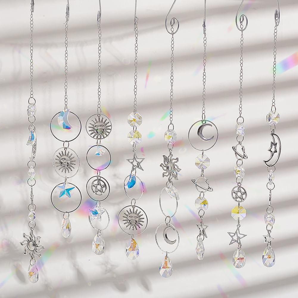 SUNNYCLUE 1 Box DIY 8 Sets Sun Moon Suncatcher Kit Sun Catcher Crystals Vintage Antique Silver Tibetan Style Faceted Ab Colors Rainbow Maker Suncatcher Kit for Birthday Summer Party Favors Gifts Adult