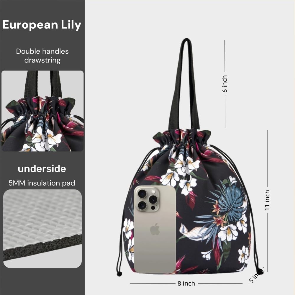 Double-Handle Lunch Bag, Insulated Waterproof Reusable Tote for Women/Students, Fits 2 Bento Boxes + Water Bottle - Ideal for School/Office/Picnic(European Lily) - Image 2