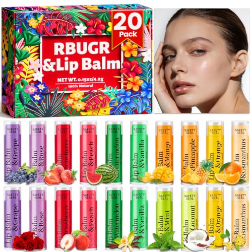RBUGR Lip Balm Bulk 20 Pack- 12 Flavored Lip Balm Set Natural Moisturizing Hydrating for Dry Cracked Lips Gifts for Women & Party Favors Mini Balm Pack (4.2g/0.15oz)