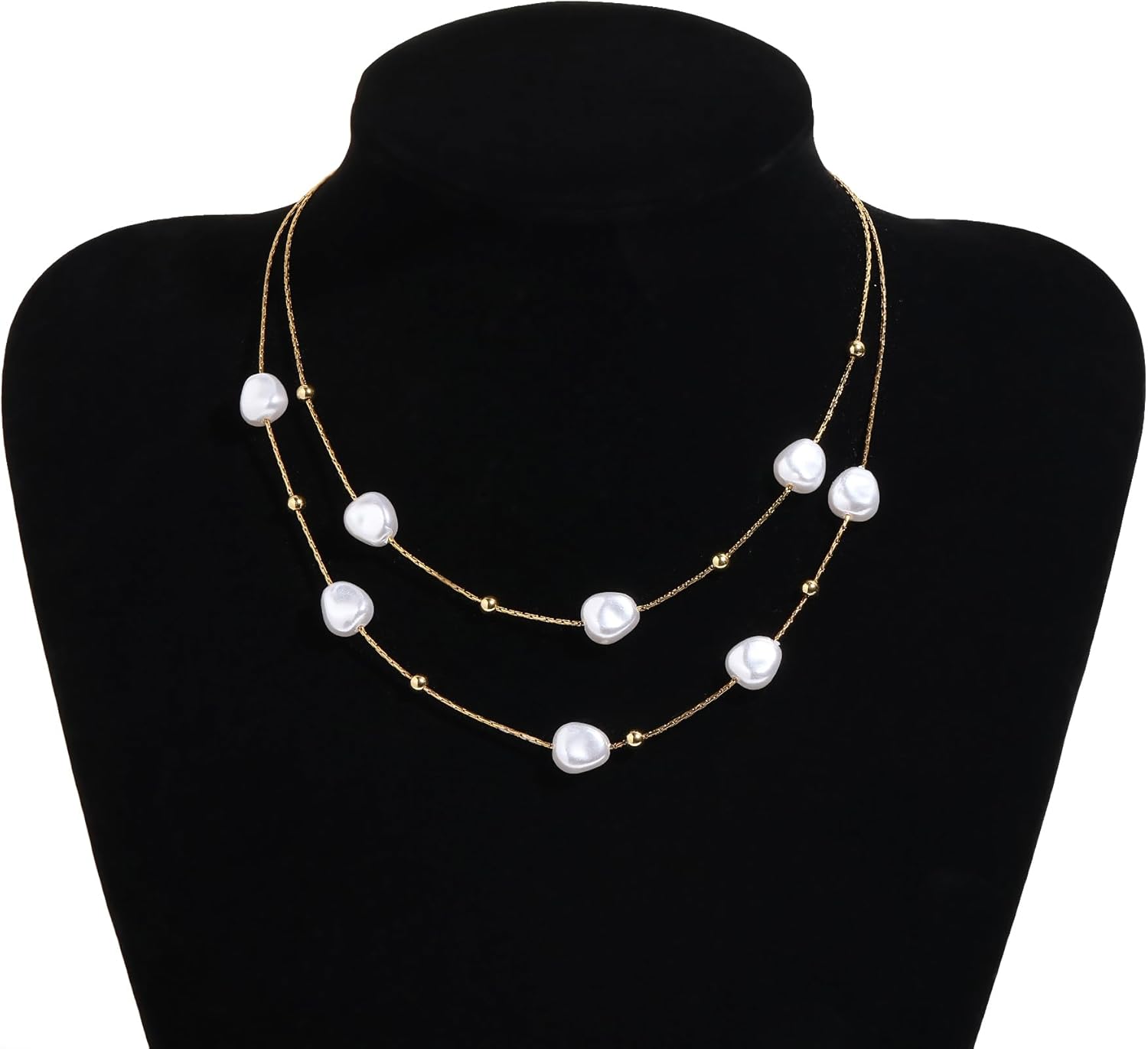 Chunky Double Layered Pearl Choker Necklace For Women, 14K Gold Plated Stainless Steel Metal Chain, Simple White Pearl Statement Jewelry Necklace for Wedding Birthday - Image 4