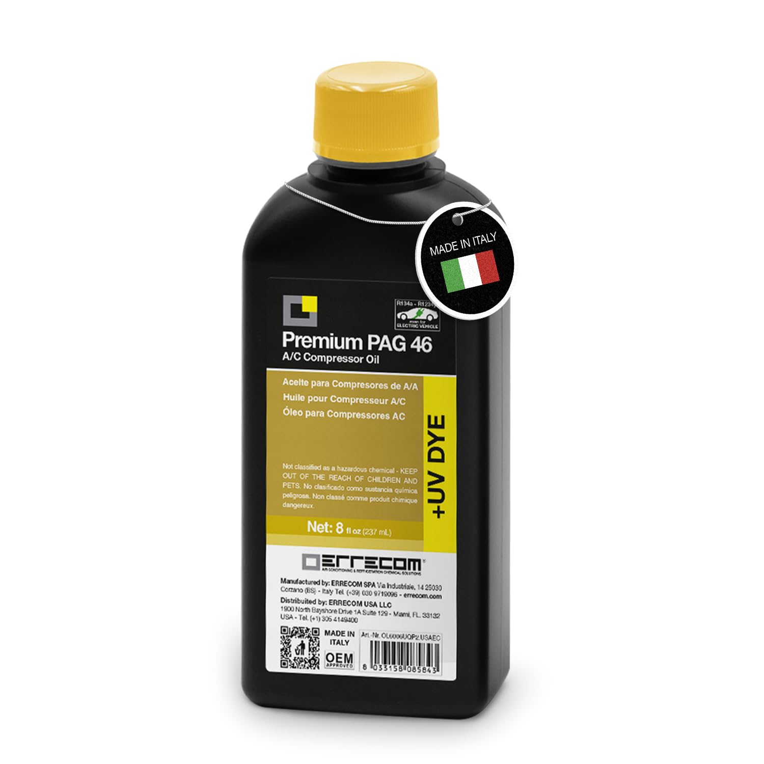 ERRECOM PAG 46 + UV Dye - 250 ml, Olej do sprężarek klimatyzacji samochodowej, w tym sprężarek elektrycznych, pracujących z czynnikiem chłodniczym R134a i R1234yf. Zawiera barwnik fluorescencyjny