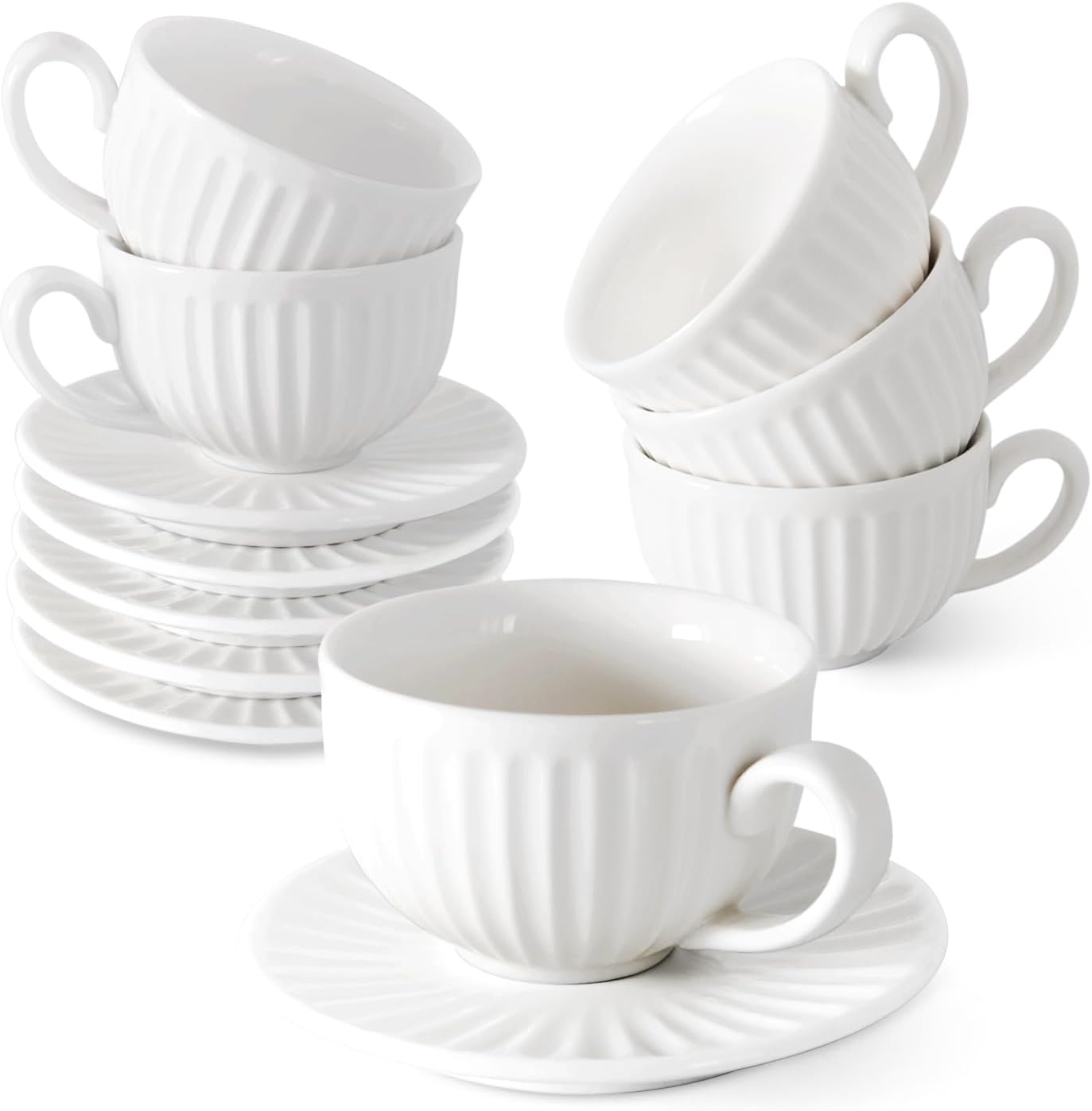 4 oz Espresso Cups Set of 6, Ceramic Cappuccino Cups with Saucers, Stackable Coffee Cup for Macchiato, Double shot, Tea, Coffee Lover Gifts, White