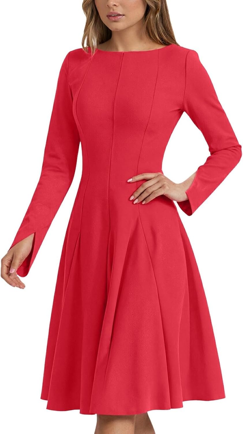 Women Long Sleeve Elegant Midi Wear Boat Neck Split Sleeves A-Line Fit and Swing Wedding Guest Cocktail Party Dress
