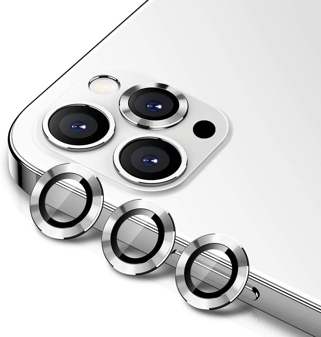 MobileZon Compatible for iPhone 14 Pro Max / 14 Pro Camera Lens Protector Tempered Glass Alloy Metal Rings Protection (Silver)