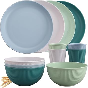 Tanice Kids Dinnerware Set, 12PCS Plastic Plates and Bowls Sets, Kids Dinnerware Set for 4, Plastic Dishes Set with Pltaes, Bowls, Cups for Kitchen, Outdoor Camping