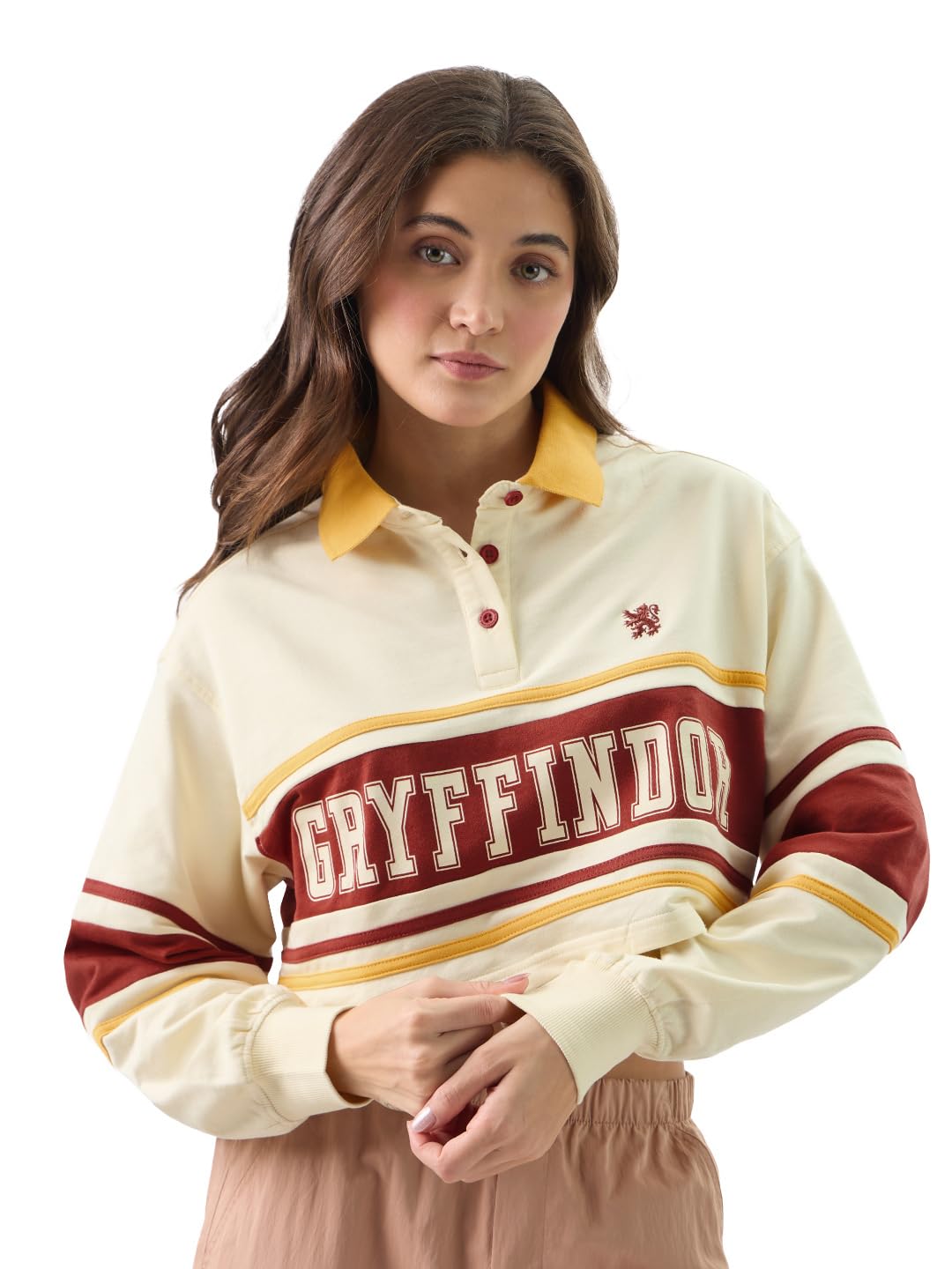 The Souled Store Official Harry Potter: Gryffindor Women and Girls Long Sleeve Collared Neck Off-White Graphic Printed Oversized Fit Cropped Rugby Polos