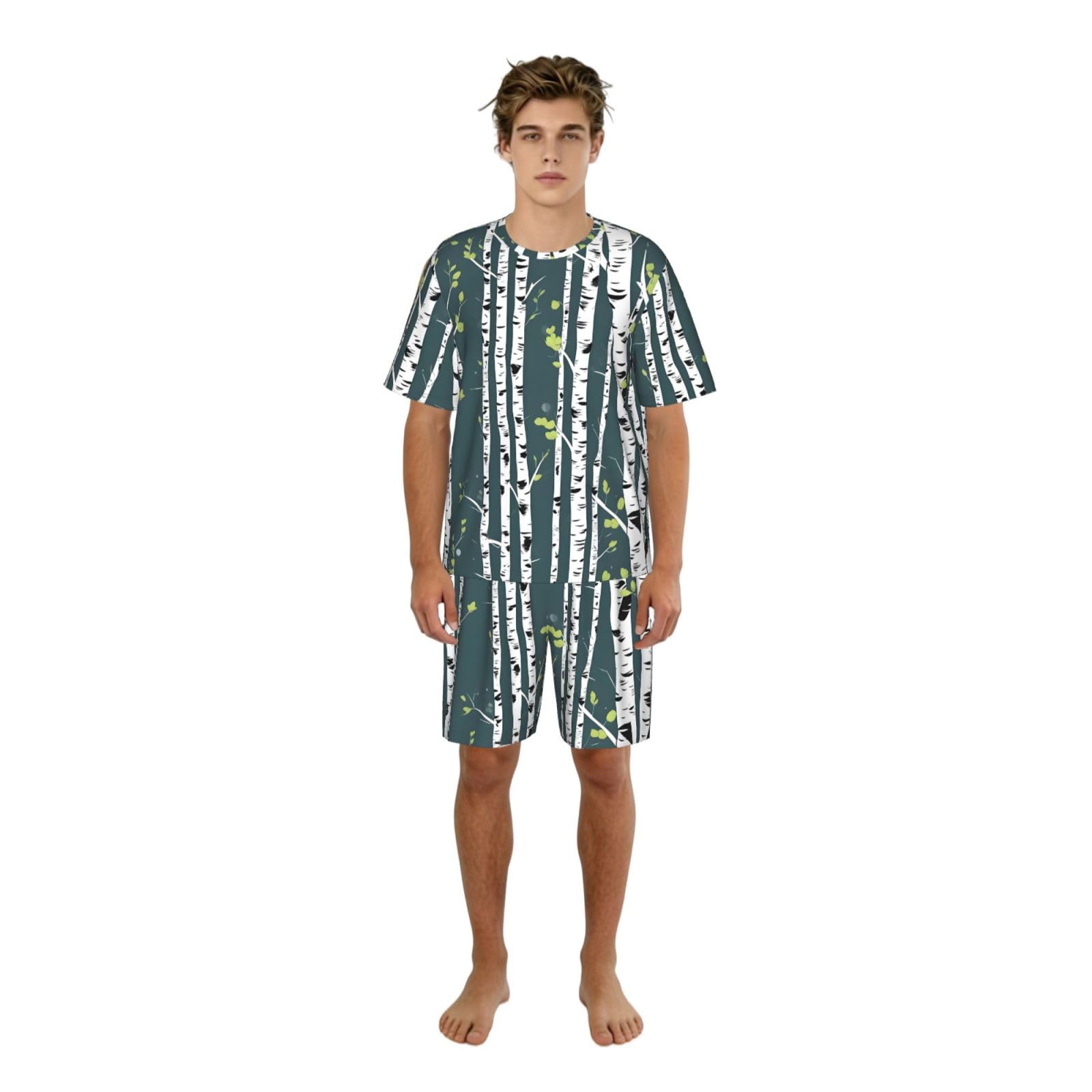 Conjunto de pijama clásico con estampado de árbol de abedul para hombre, pantalones cortos de pijama suaves para hombre, perfecto para las noches de verano