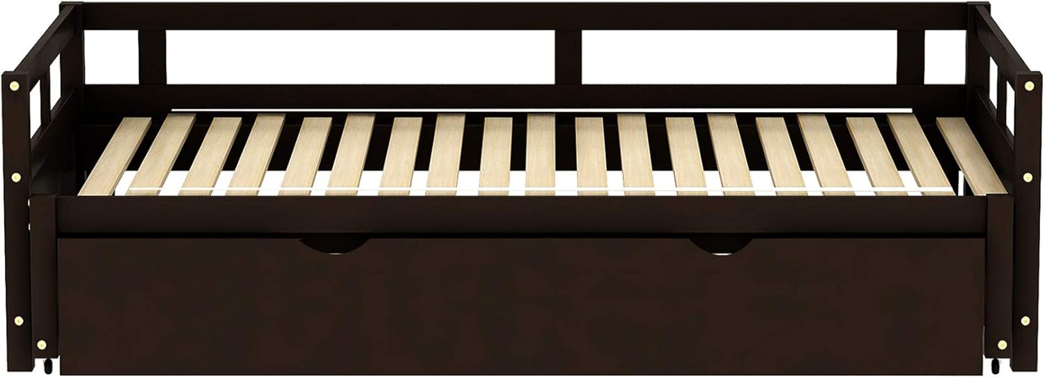 Daybed with Trundle, Twin to King Design Sofa Bed, Wooden Extendable Bed Daybed for Bedroom Living Room, Espresso