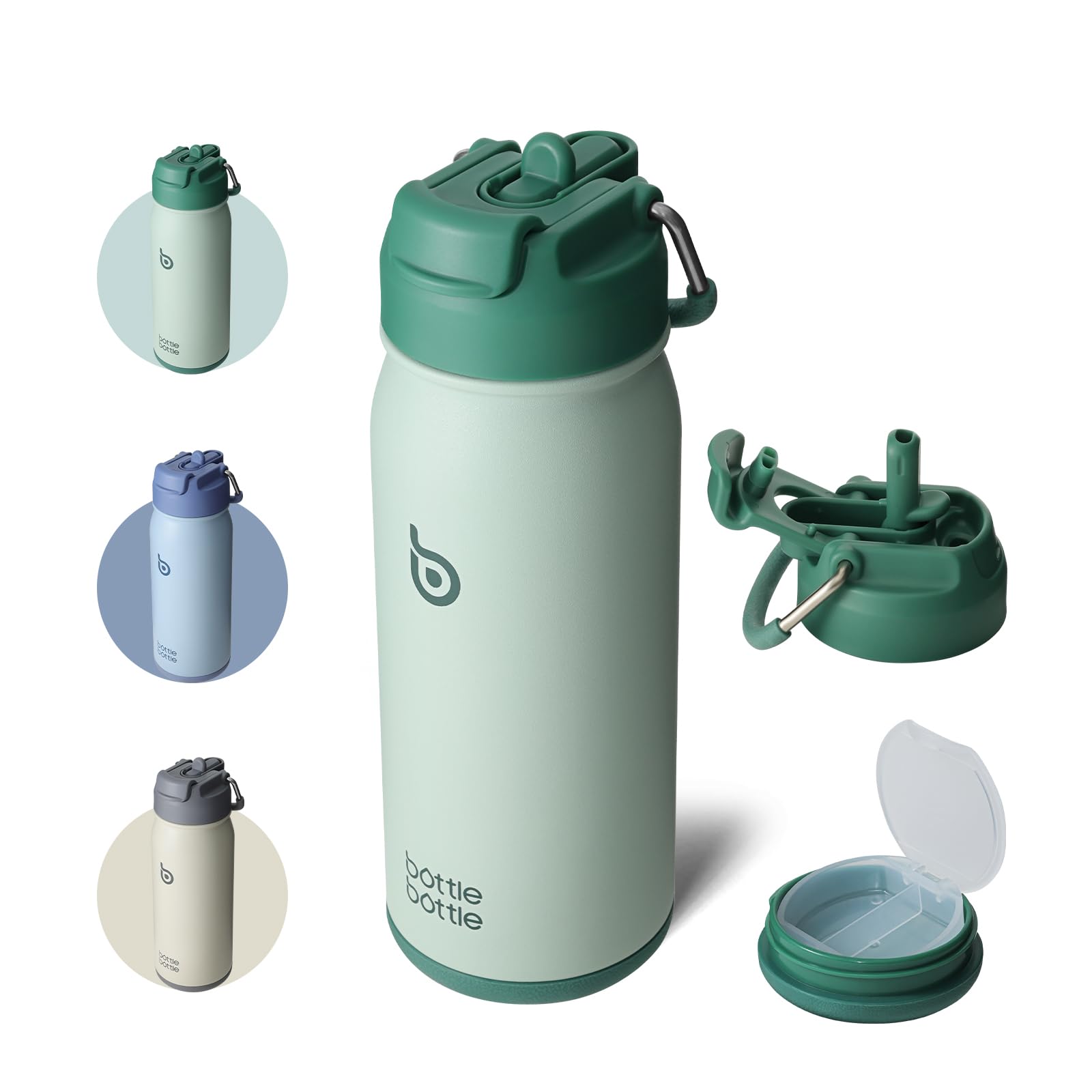 BOTTLE BOTTLE 水筒 500ml 子供 ステンレスボトル 直飲み スポーツボトル 2WAY蓋 ストロー付き 底部收纳 真空断熱 漏れ防止 男の子 女の子 魔法びん グリーン