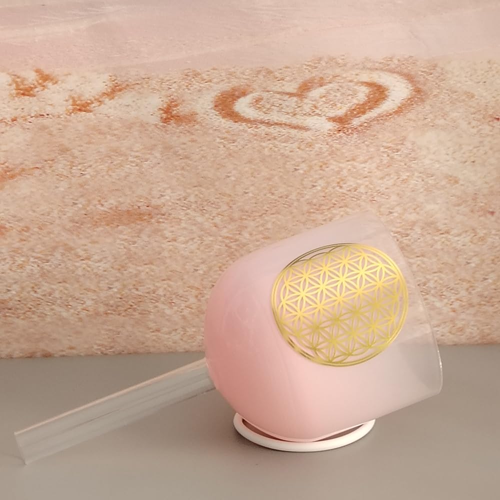 ENERGYSOUND Pink Color Handle Clear G# Zeal Chakra Pattern Quartz Crystal Singing Bowl 6 inch