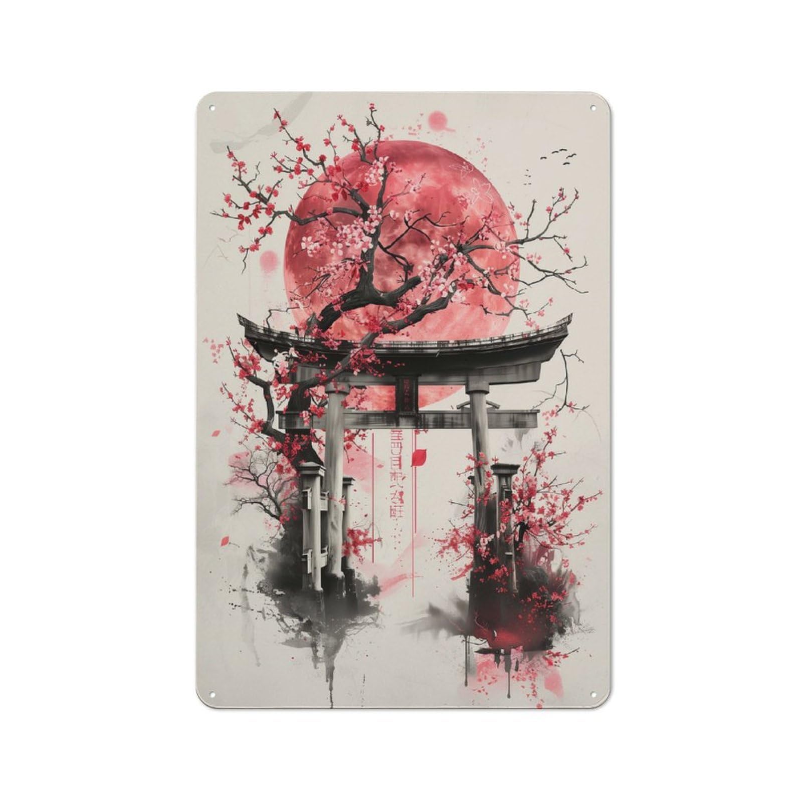 Junmoney Torii Gate Sakura Retro Metal Plaque 30X20cm For Guest Room Or Hallway, Housewarming Present For People Styling Guest Room And Hallway