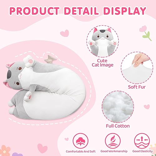 Miniatura 10 de Caaaat Peluche largo de gato rosa, animales de peluche suaves con diseño de gatito, Kawaii para niños, almohada de felpa para dormir, juguetes de