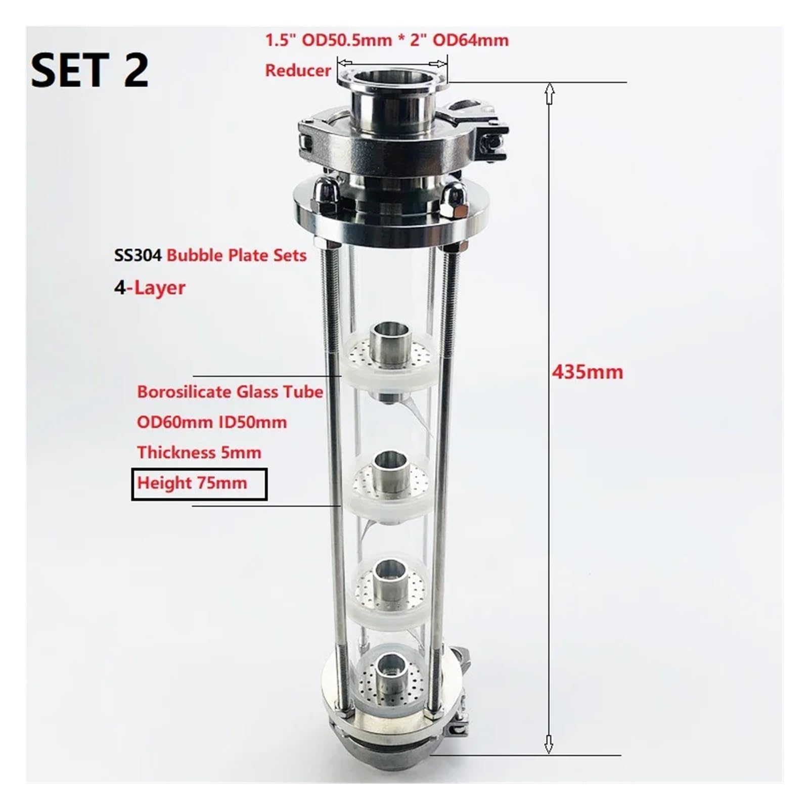 Colonna for Lenti di Distillazione Torre di distillazione in Vetro a 4 Strati SS304 OD64 da 2'(51 mm). Distillatore Moonlight(Set 1)
